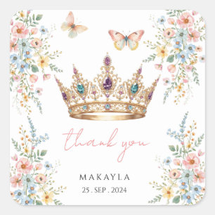 Adesivo Quadrado Coroa Dourada Floral Borboleta Elegante Chá de Noi