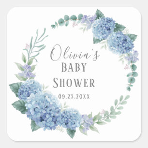 Adesivo Quadrado Coroa Floral Azul Personalizada para Chá de Bebê