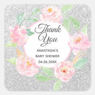 Adesivo Quadrado Coroa Floral Prateada e Rosa Obrigado Chá de Bebê