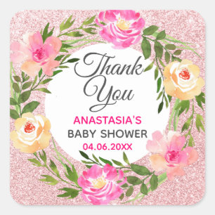 Adesivo Quadrado Coroa Floral Rosa em Rose Gold Obrigada Chá de Beb
