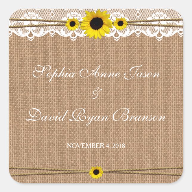 Adesivo Quadrado Corrente, Flores Sun, Casamento Burlap (Frente)