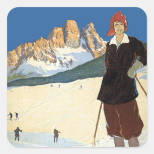 Adesivo Quadrado Cortina d'Ampezzo, Itália, Esqui Vintage Viagens A