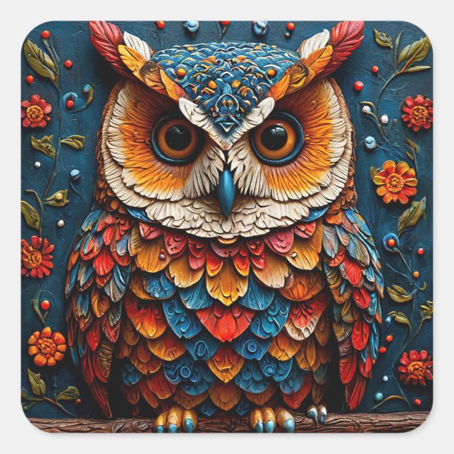 Adesivo Quadrado Coruja Artística Colorida (Frente)