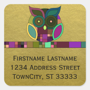 Adesivo Quadrado Coruja Azteca Tribal Funky em Folha de Ouro Falso