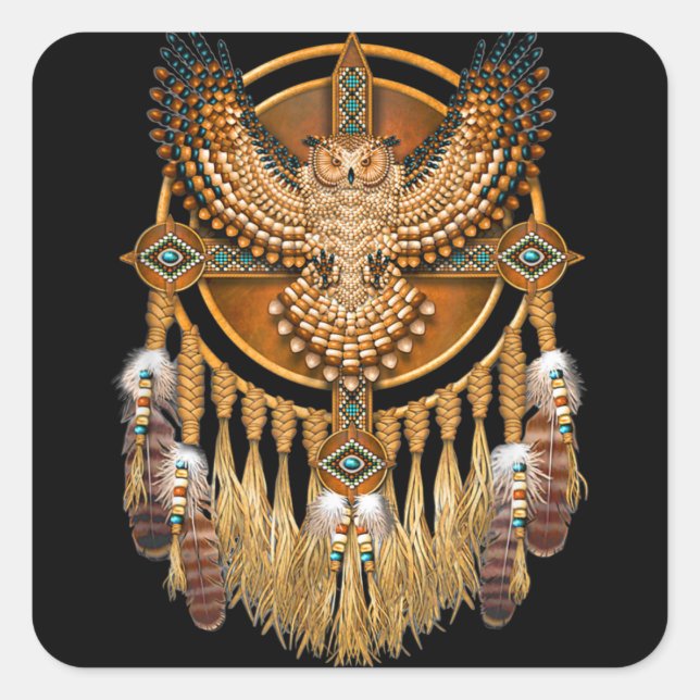 Adesivo Quadrado Coruja de Arte Tribal Nativa Americana (Frente)