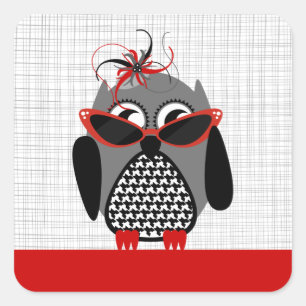 Adesivo Quadrado Coruja de Houndstooth com óculos de sol & etiquet