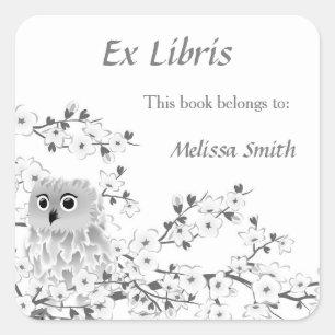 Adesivo Quadrado Coruja E Cereja Blossoms Ex Libris Adição De Nom