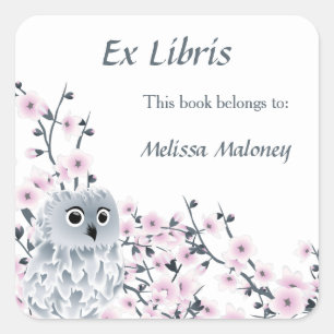 Adesivo Quadrado Coruja E Cereja Blossoms Ex Libris Adição De Nom