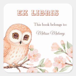 Adesivo Quadrado Coruja E Cerejeira, Ex Libris Bookplate