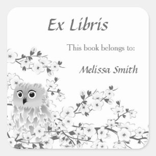 Adesivo Quadrado Coruja e Flor de Cerejeira Ex Libris Marca de Livr