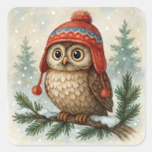 Adesivo Quadrado Coruja em Aquarela com um Gorro de Inverno