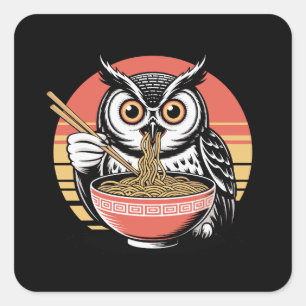 Adesivo Quadrado Coruja Escorregando Ramen Japonês Estilo Ukiyo-e V
