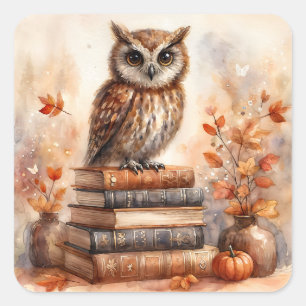 Adesivo Quadrado Coruja nos Livros Autumn Watercolor
