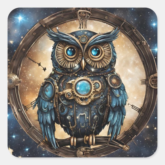 Adesivo Quadrado Coruja Steampunk Contra o Céu Galático (Frente)