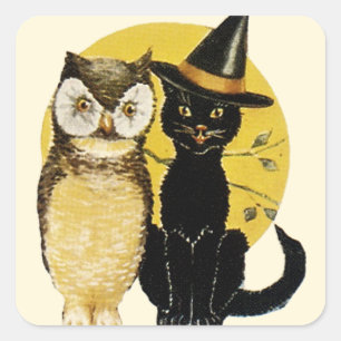 Adesivo Quadrado Coruja Vintage & Gato Preto - Vinheira