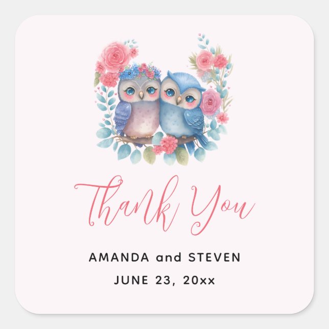 Adesivo Quadrado Corujas apaixonadas sentadas em um ramo Casamento  (Frente)