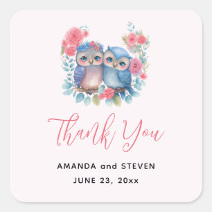 Adesivo Quadrado Corujas apaixonadas sentadas em um ramo Obrigado c