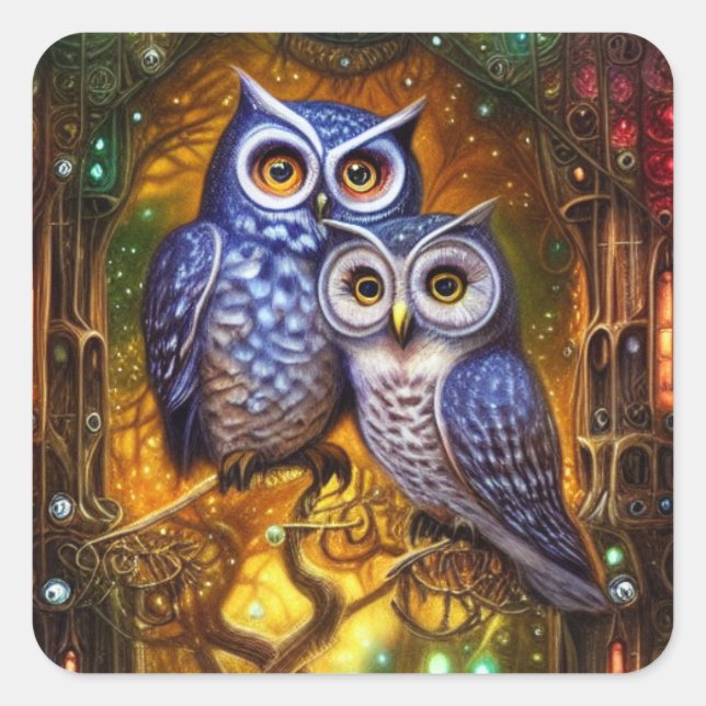 Adesivo Quadrado Corujas de inverno na Floresta Steampunk Gótica Di (Frente)