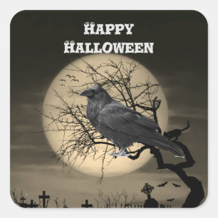 Adesivo Quadrado Corvo de Halloween Escuro na Árvore