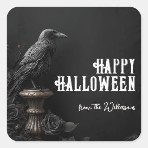 Adesivo Quadrado Corvo & Rosa Negra Nome Personalizado de Halloween