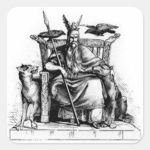 Adesivo Quadrado Corvos de Odin em seu trono de pedra mitologia vik