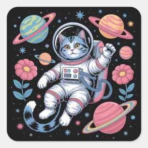 Adesivo Quadrado Cosmic Catstronaut no Neon Espaço Vaporwave