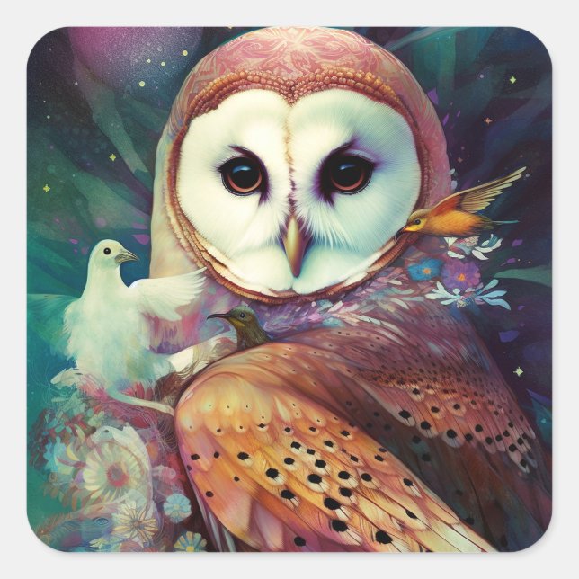Adesivo Quadrado Cosmic Owl Fantasy Art (Frente)