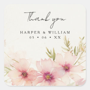 Adesivo Quadrado Cosmos rosa flores obrigado de casamento