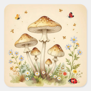 Adesivo Quadrado Cottage Core Vintage Cogumelos e Flores