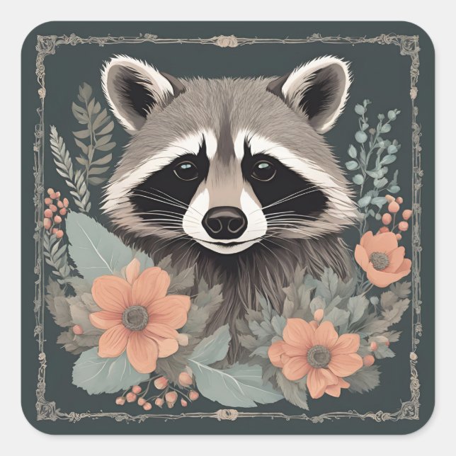 Adesivo Quadrado Cottagecore Cute Raccoon (Frente)