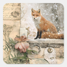 Adesivo Quadrado Cottagecore Vintage Raposa de Inverno