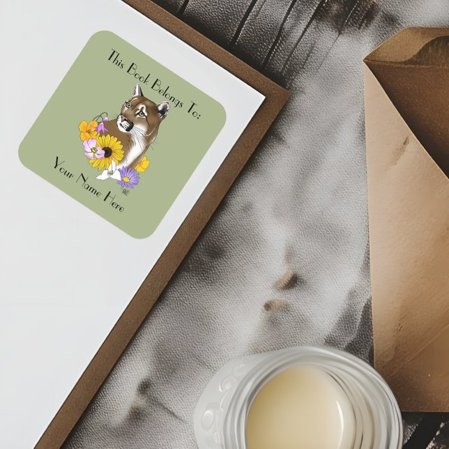 Adesivo Quadrado Cougar Mountain Lion Puma Flores (Criador carregado)