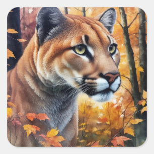 Adesivo Quadrado Cougar Watercolor Autumn Art