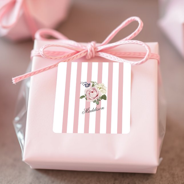 Adesivo Quadrado Country Chic Pink Strike Rose Bouquet Monogrammed (Criador carregado)