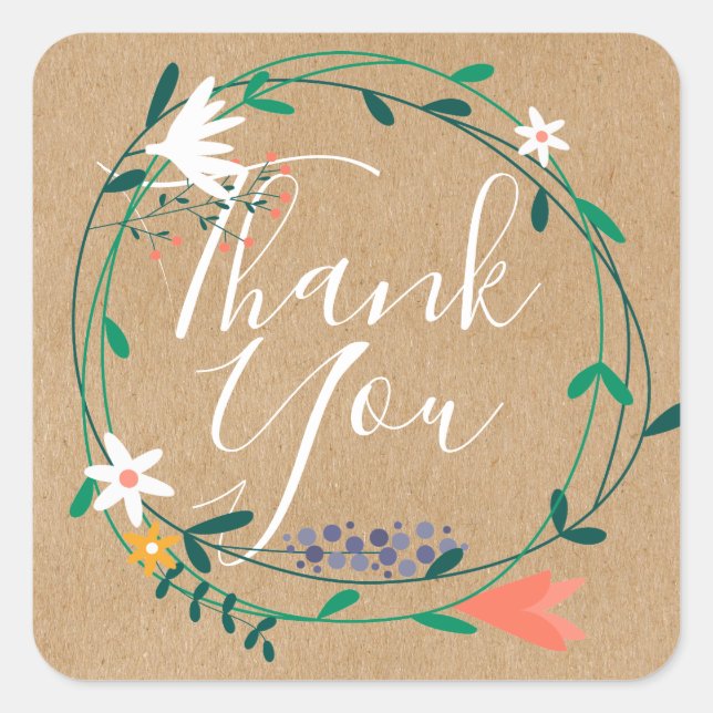 Adesivo Quadrado Country Garland Script Obrigado Rustic Kraft Boho (Frente)