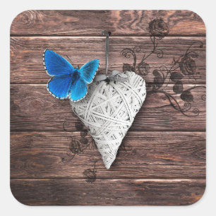 Adesivo Quadrado Country Heart and Butterfly On Wood