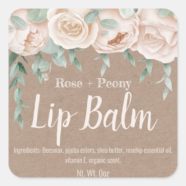 Adesivo Quadrado Country Kraft Roses Rosa Lip Balm Tube Labels (Frente)