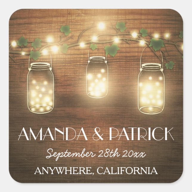 Adesivo Quadrado Country Rustic Lights Mason Jar Wedding Faves (Frente)
