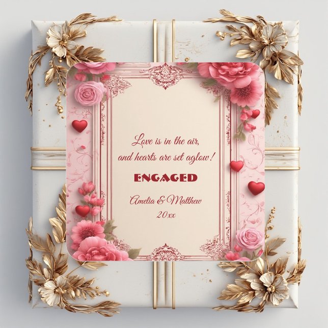 Adesivo Quadrado Couple's Romantic Pink Heart Motifs Floral Engaged (Couple's Romantic Pink Heart Motifs Floral Engaged Square Sticker)