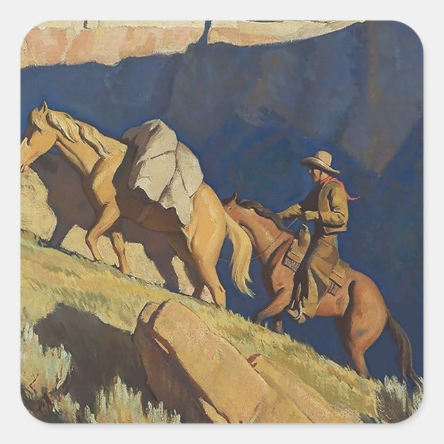 Adesivo Quadrado "Cowboy and Pack Horse", por Maynard Dixon (Frente)