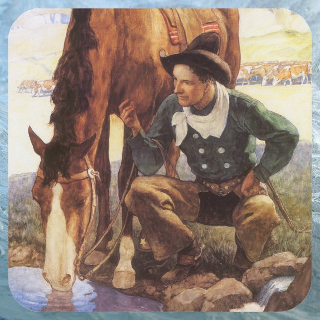 Adesivo Quadrado Cowboy Cuidando de Seu Cavalo pelo NC Wyeth, Vinta (Criador carregado)