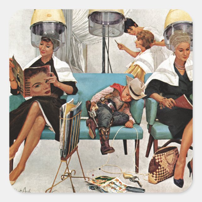 Adesivo Quadrado Cowboy dormindo no salão de beleza (Frente)