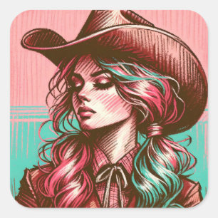 Adesivo Quadrado Cowgirl Coquette Pink e Blue Western