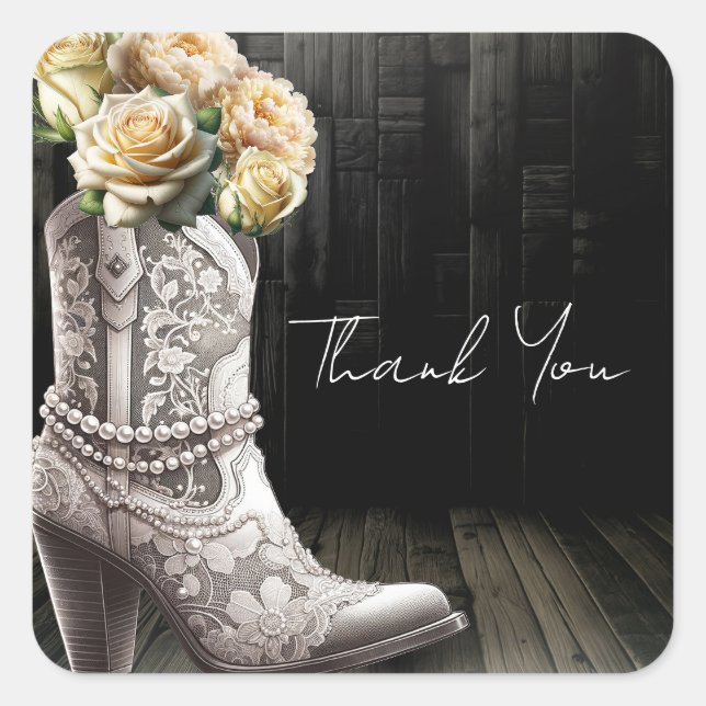 Adesivo Quadrado Cowgirl Lace Boots & White Flowers Rustic Bridal (Frente)