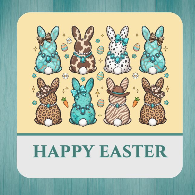 Adesivo Quadrado Cowgirl Leopard Print Blue Brown Easter Bunnies   (Criador carregado)
