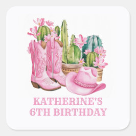 Adesivo Quadrado Cowgirl Ocidental rosa Cactus Watercolor Aniversár