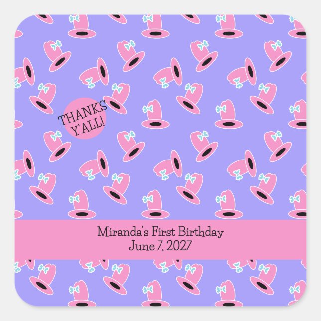 Adesivo Quadrado Cowgirl Primeiro Aniversário (Frente)