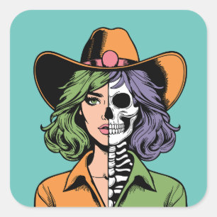 Adesivo Quadrado Cowgirl Skeleton Halloween Stickers
