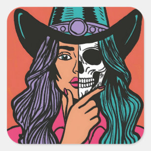 Adesivo Quadrado Cowgirl Skeleton Spooky Season Stickers