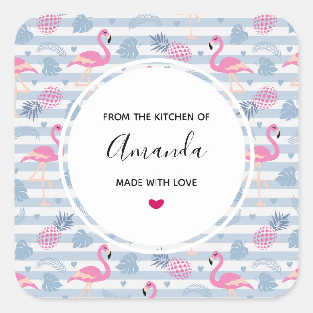 Adesivo Quadrado Cozinha de Padrão Flamingo e Abacaxi Whimsical (Frente)